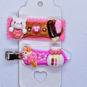 Handmade Two-Piece Kawaii Decoden Hair Clip Set - Ice Cat Creamery - Version A